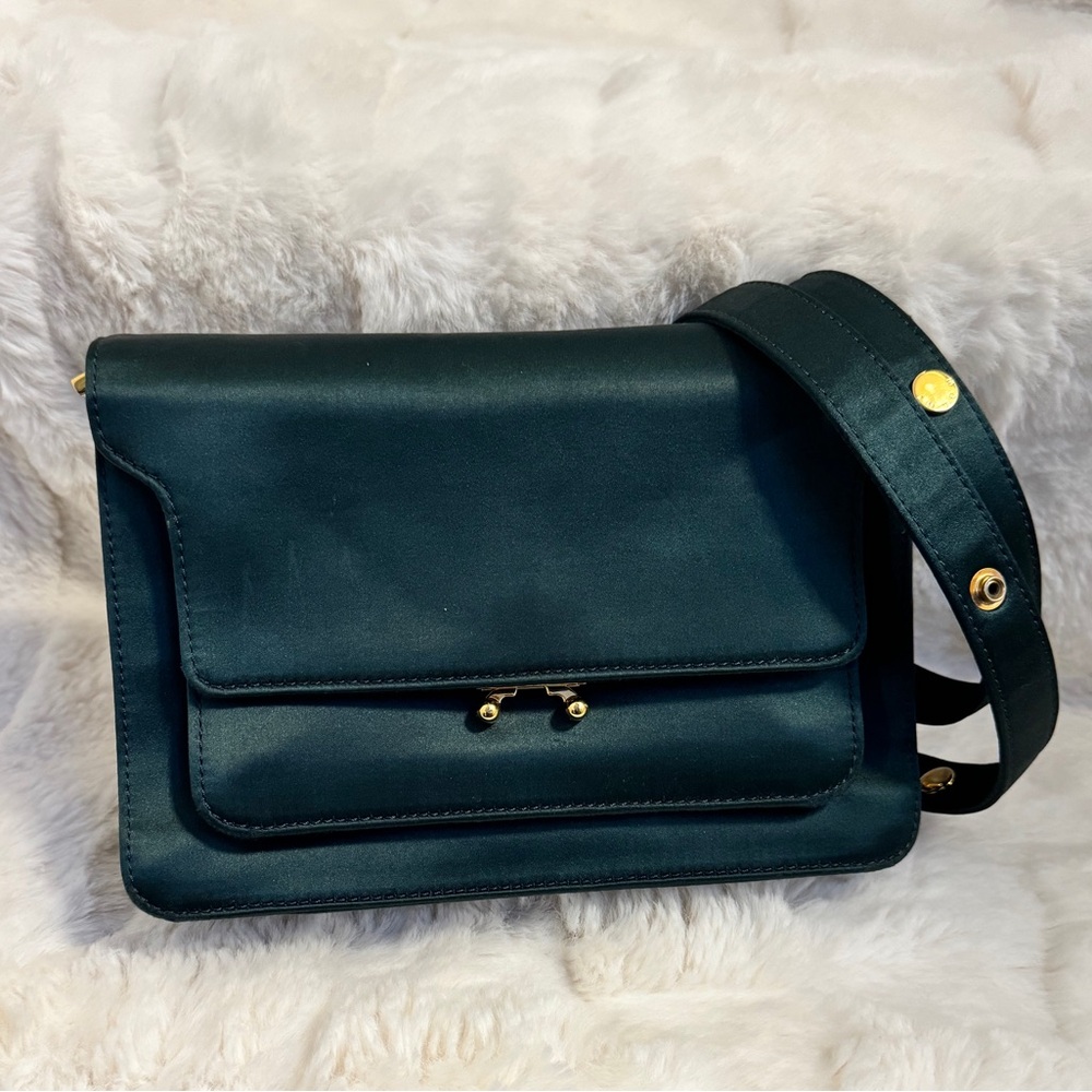 Marni Trunk shoulder bag in a dark green satin